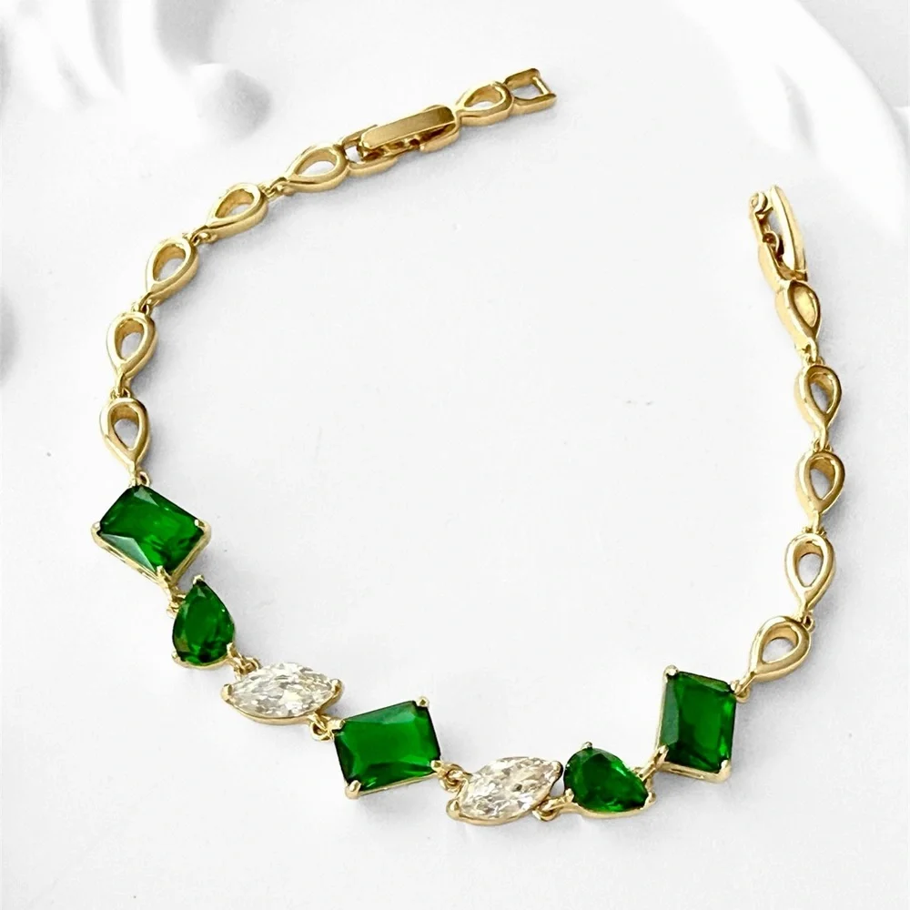 14K Gold Plated Emerald Green & Marquise CZ Tennis Bracelet – Dainty Jewelry